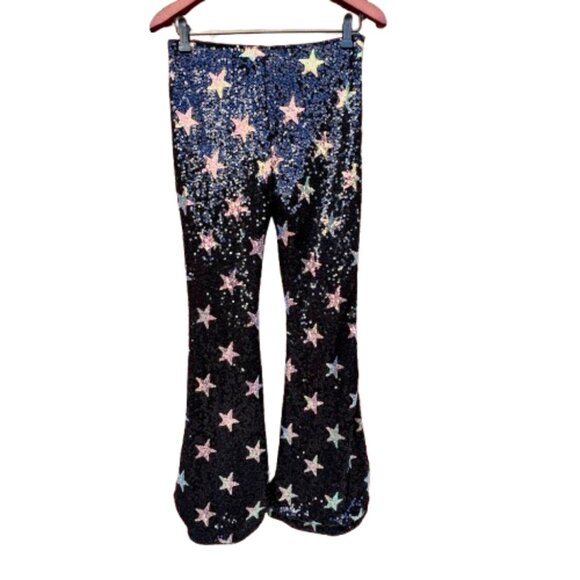 Shein Sequin Star Print Flared Pant Small Black Silver Rave Festival Maximalist - Picture 4 of 14